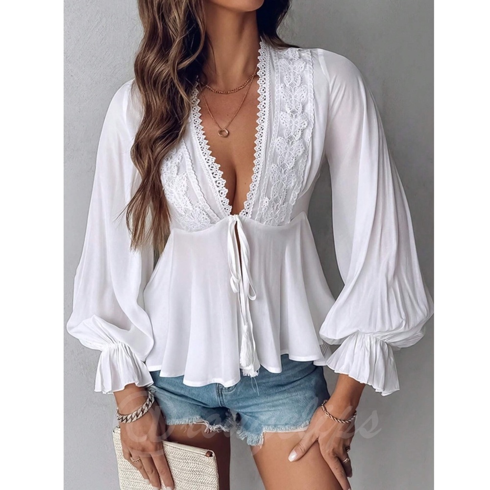 White Tie Front Long Lantern Sleeve Blouse Shirt Lace Detail Peplum Sheer